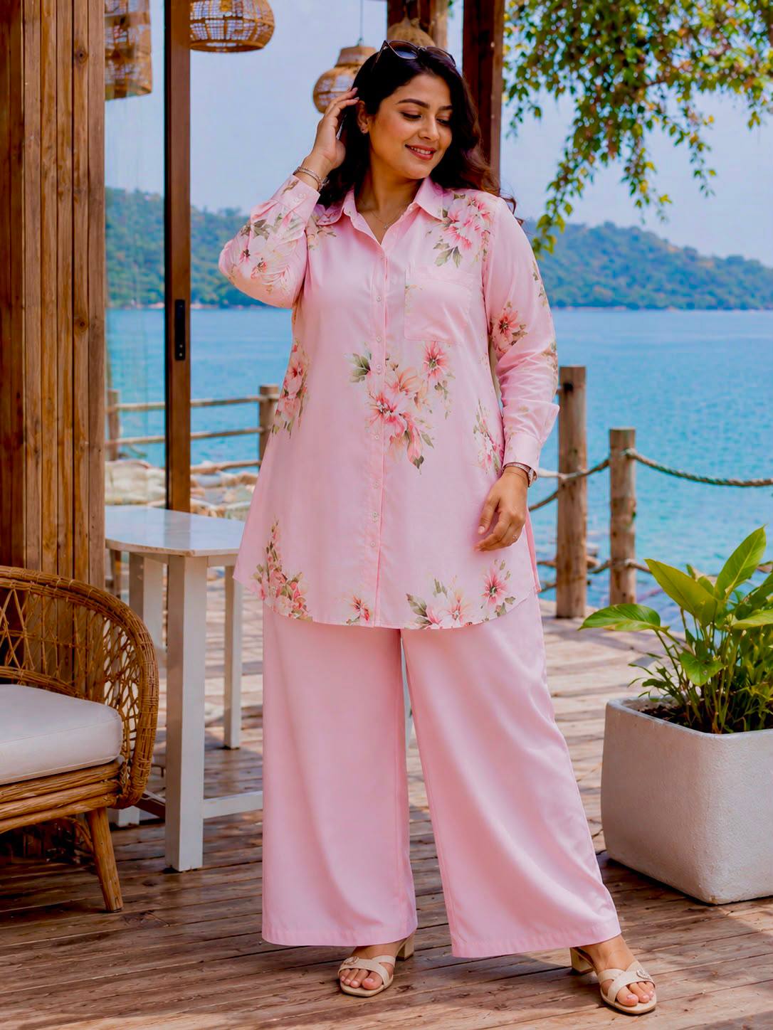 Pink Floral Shirt & Palazzo Co-Ord Set