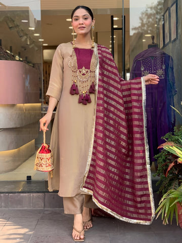 Premium Glass Malai Kurti & Pant Set with Kanjivaram Dupatta