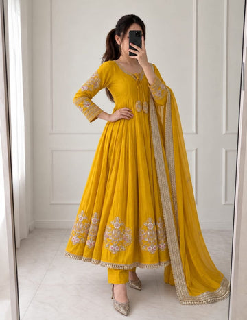 Mishri Pure Mul Chanderi Handwork Anarkali Gown Set