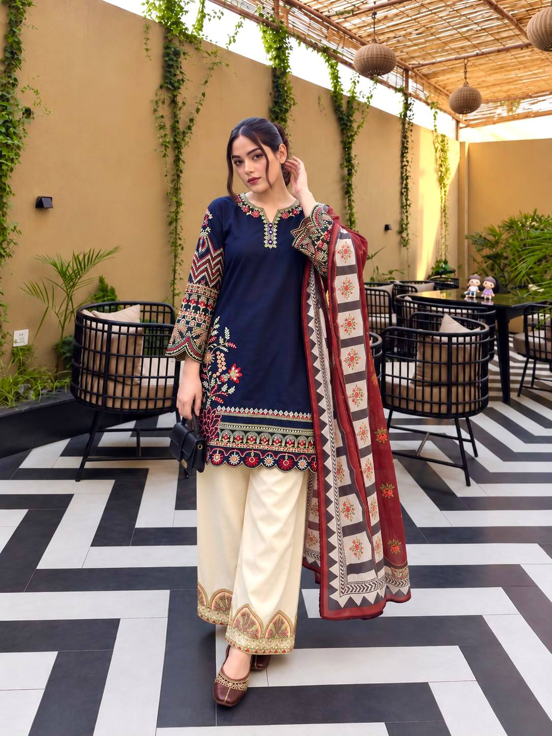 Roman Silk Kurti, Palazzo & Digital Print Dupatta Set