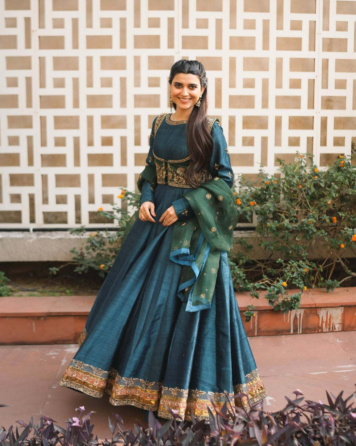 Vichitra Silk Anarkali Gown & Embroidered Jacket Set