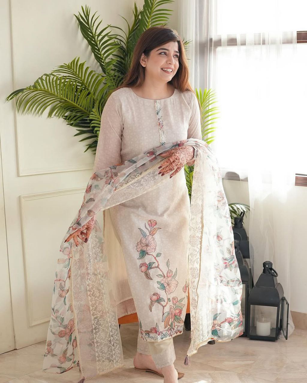 Light Pink Printed Lilan Suit Set
