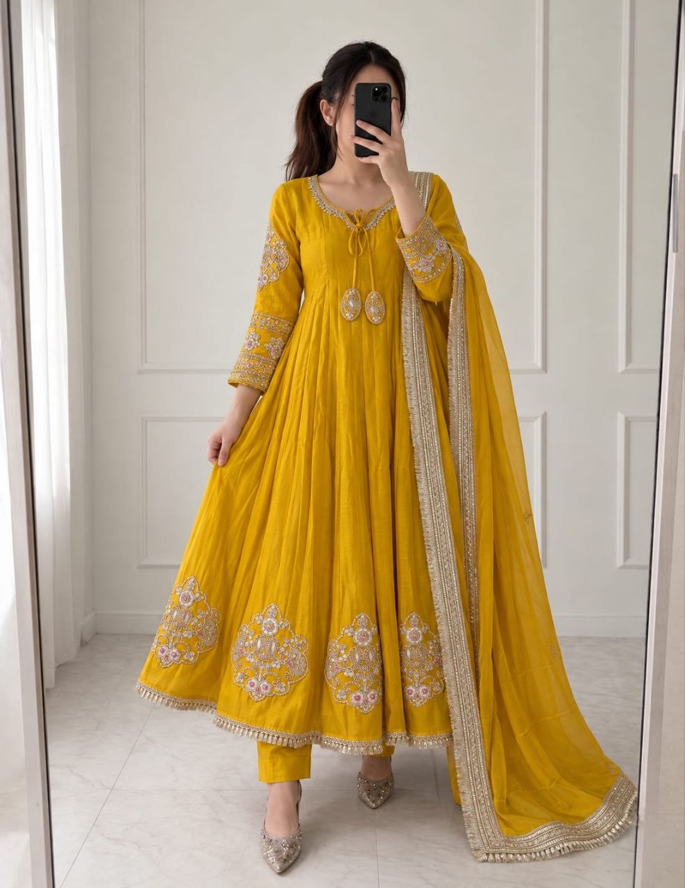 Mishri Pure Mul Chanderi Handwork Anarkali Gown Set