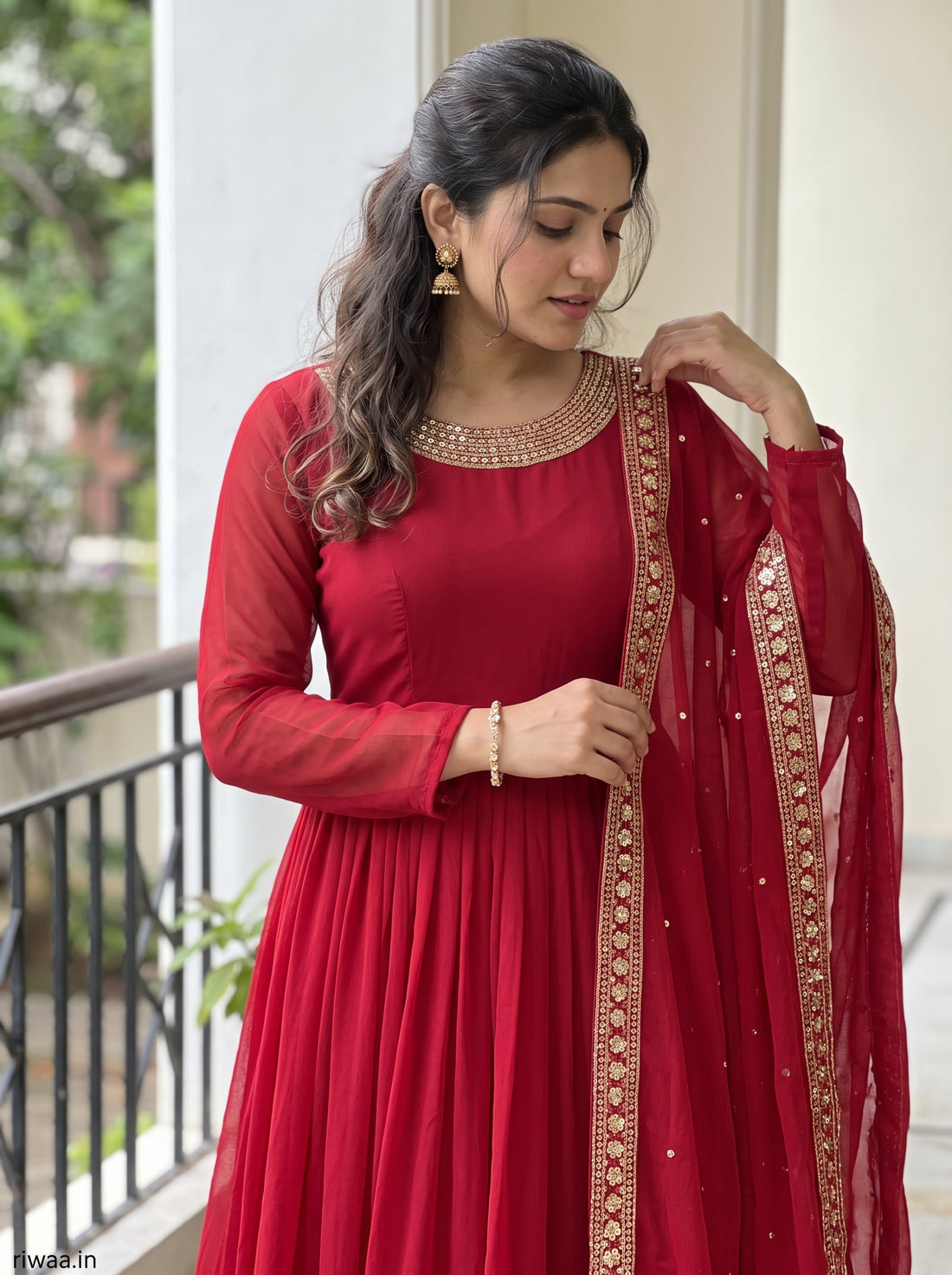Red Sequin & Zari Embroidered Anarkali Gown Set