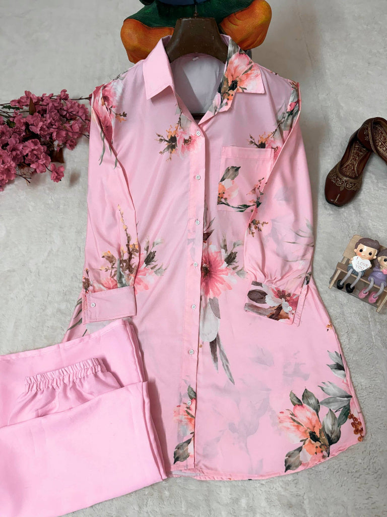 Pink Floral Shirt & Palazzo Co-Ord Set