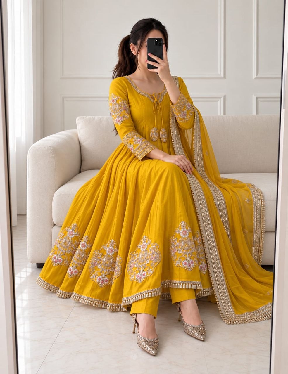 Mishri Pure Mul Chanderi Handwork Anarkali Gown Set