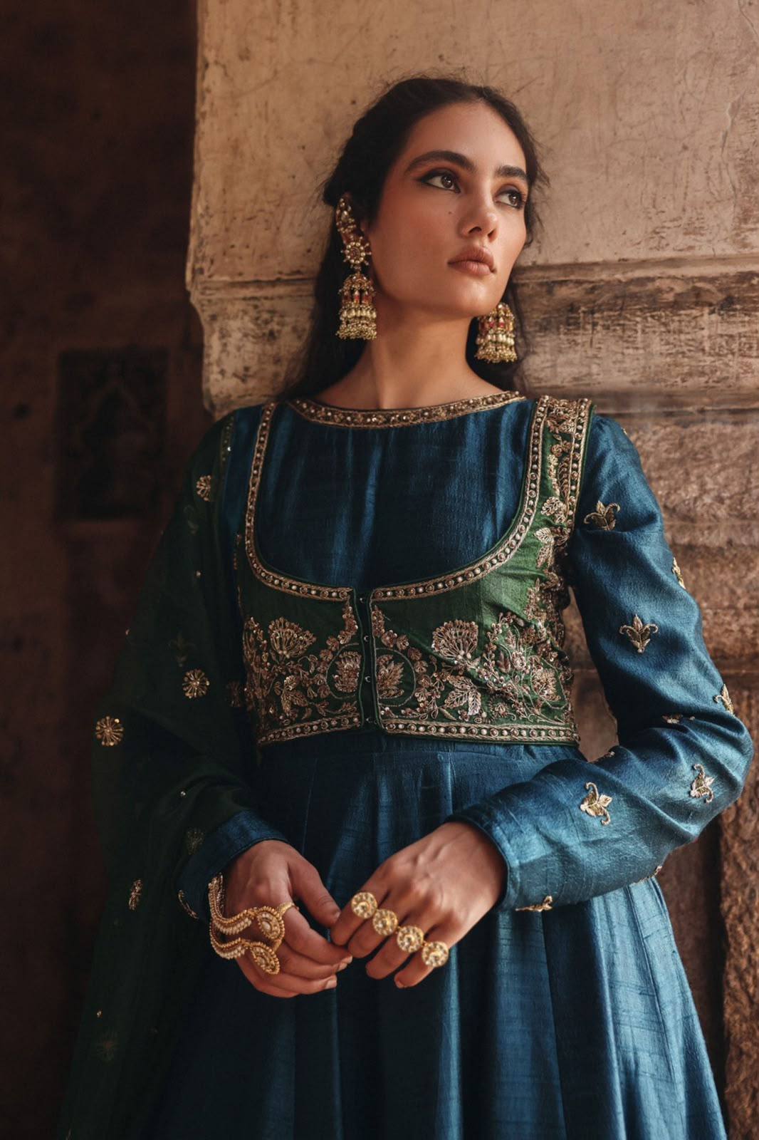 Vichitra Silk Anarkali Gown & Embroidered Jacket Set