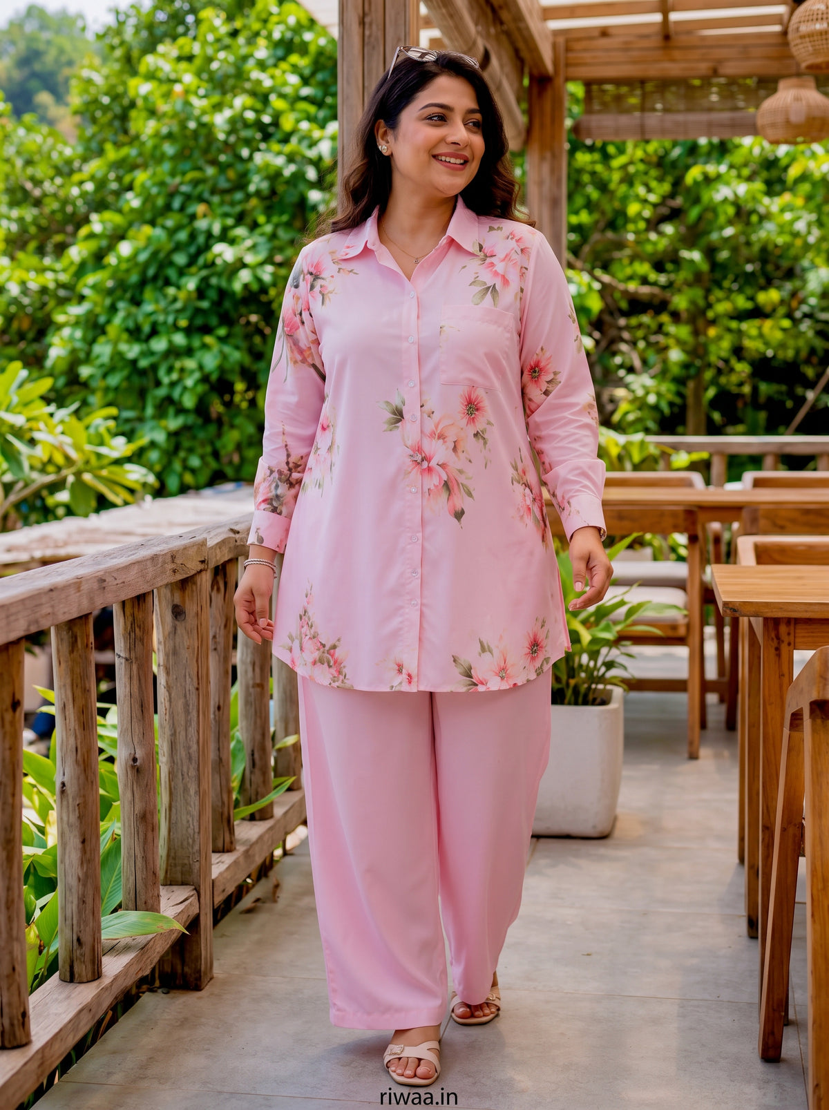 Pink Floral Shirt & Palazzo Co-Ord Set