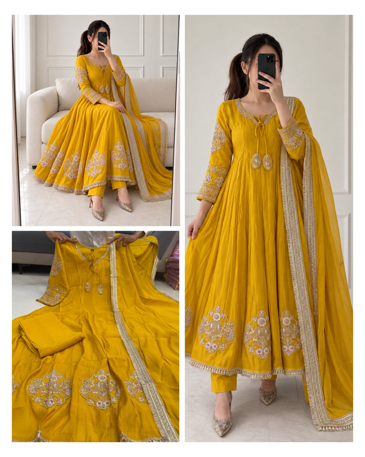 Mishri Pure Mul Chanderi Handwork Anarkali Gown Set