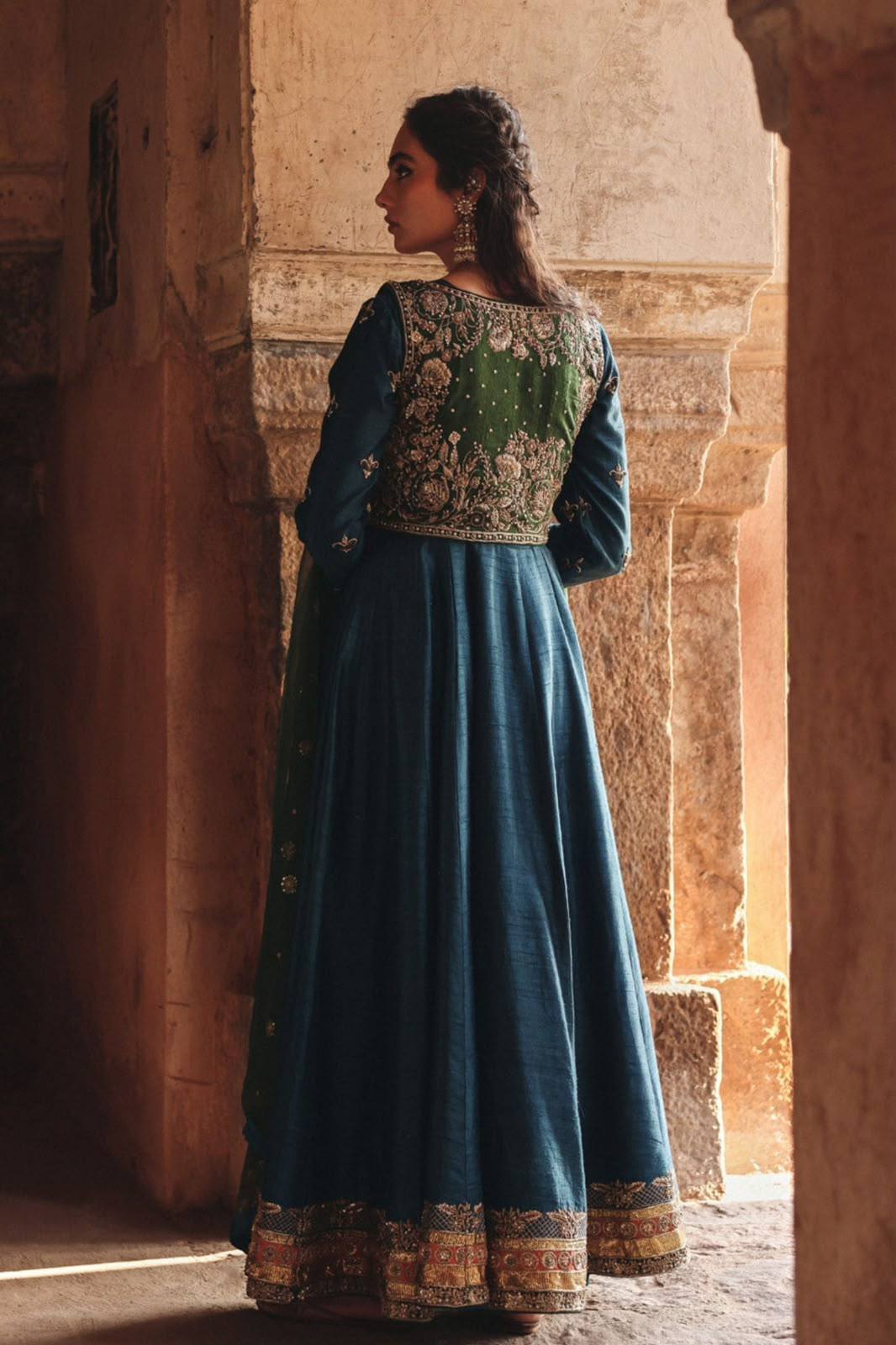 Vichitra Silk Anarkali Gown & Embroidered Jacket Set