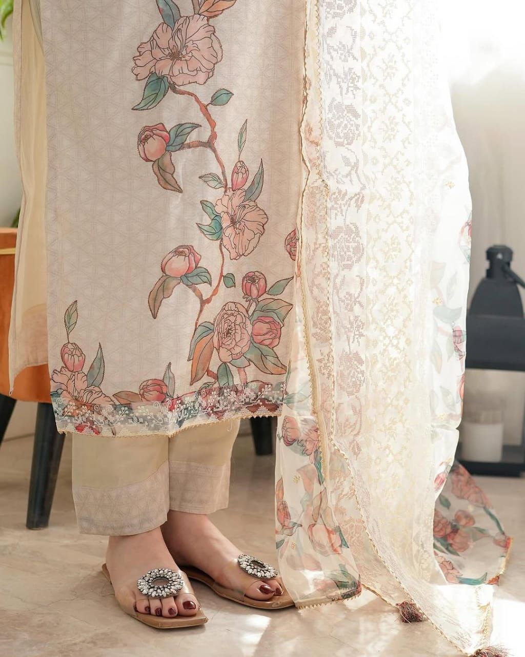 Light Pink Printed Lilan Suit Set